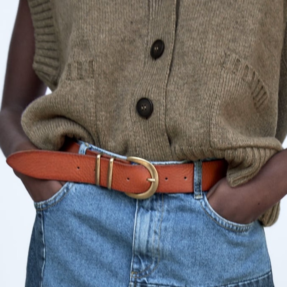🤍 ZARA Brass Tone Brown Leather Belt